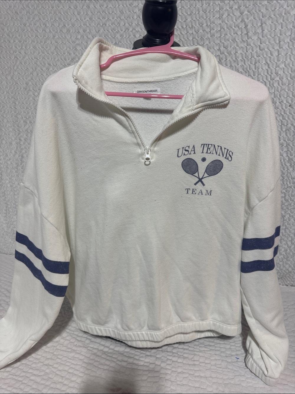 Grayson Threads Ivory Half-Zip Turtleneck Pullover with Navy Stripes
